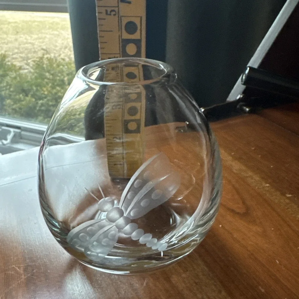 KROSNO Poland Clear Crystal Glass Vase‎ Etched DRAGONFLY for Crate & Barrel 4